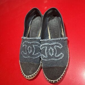 CHANEL Black Denim Espadrille Flats with CC Logo